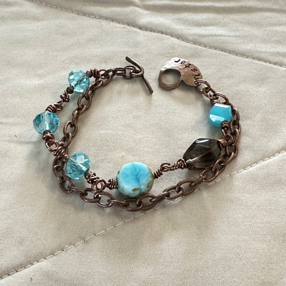 Copper Blue & Brown stone/beaded “Sister” bracelet. Heart toggle clasp.
